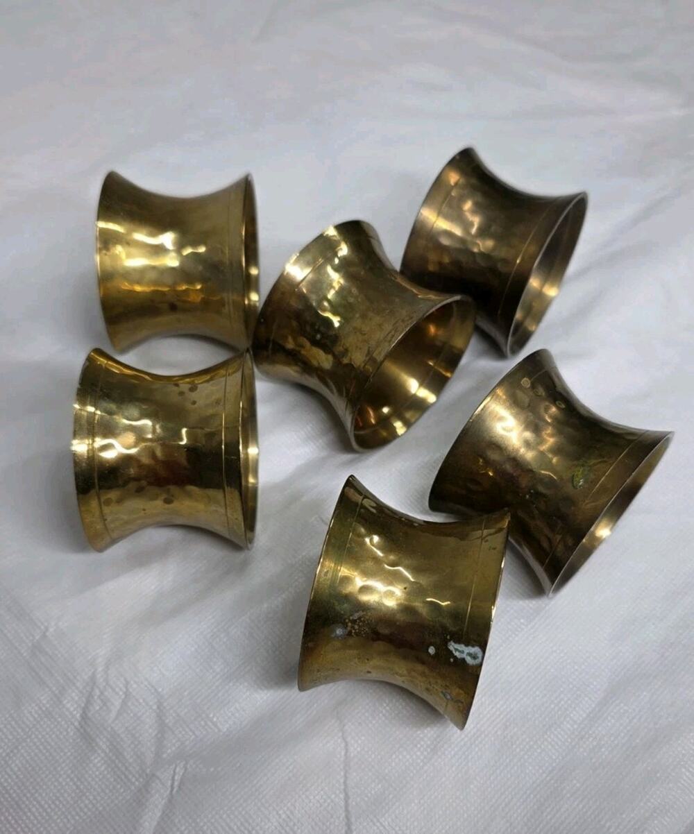 Vintage Hammered Brass Napkin Ring Holders 1.5" Opening Patina Round Set of 6